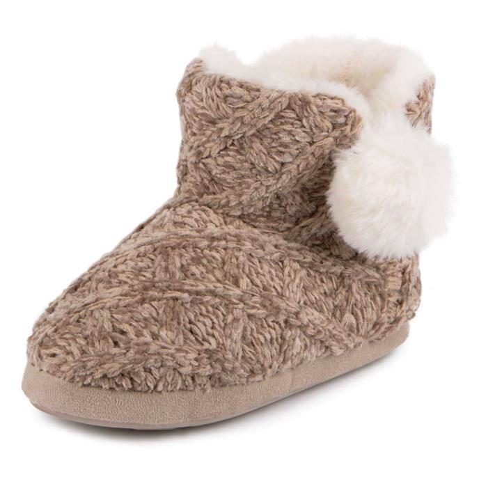totes toasties® Ladies Cable Knit Boot Slippers With Pom Pom Brown Extra Image 3